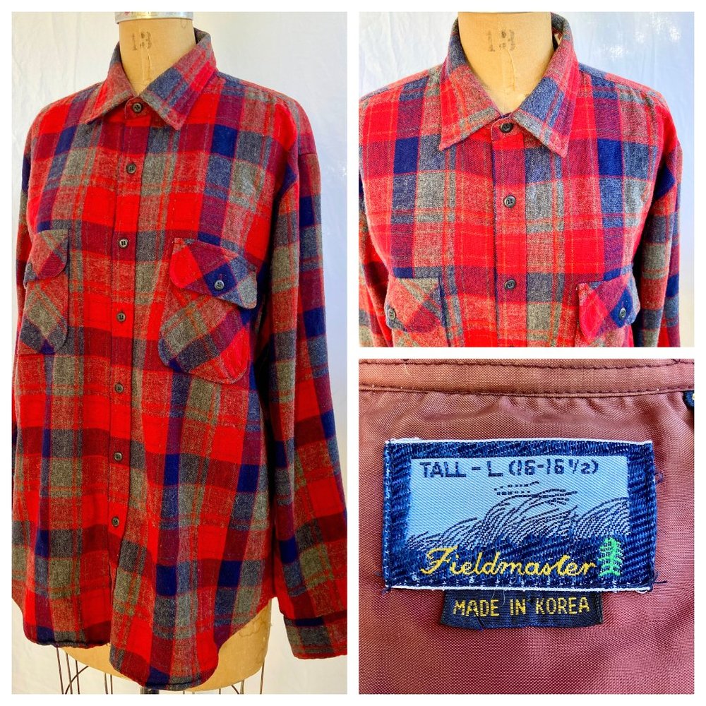 vtg FIELDMASTER Wool Blend Red Plaid Hunting Work Shirt Rockabilly Grunge Tall L